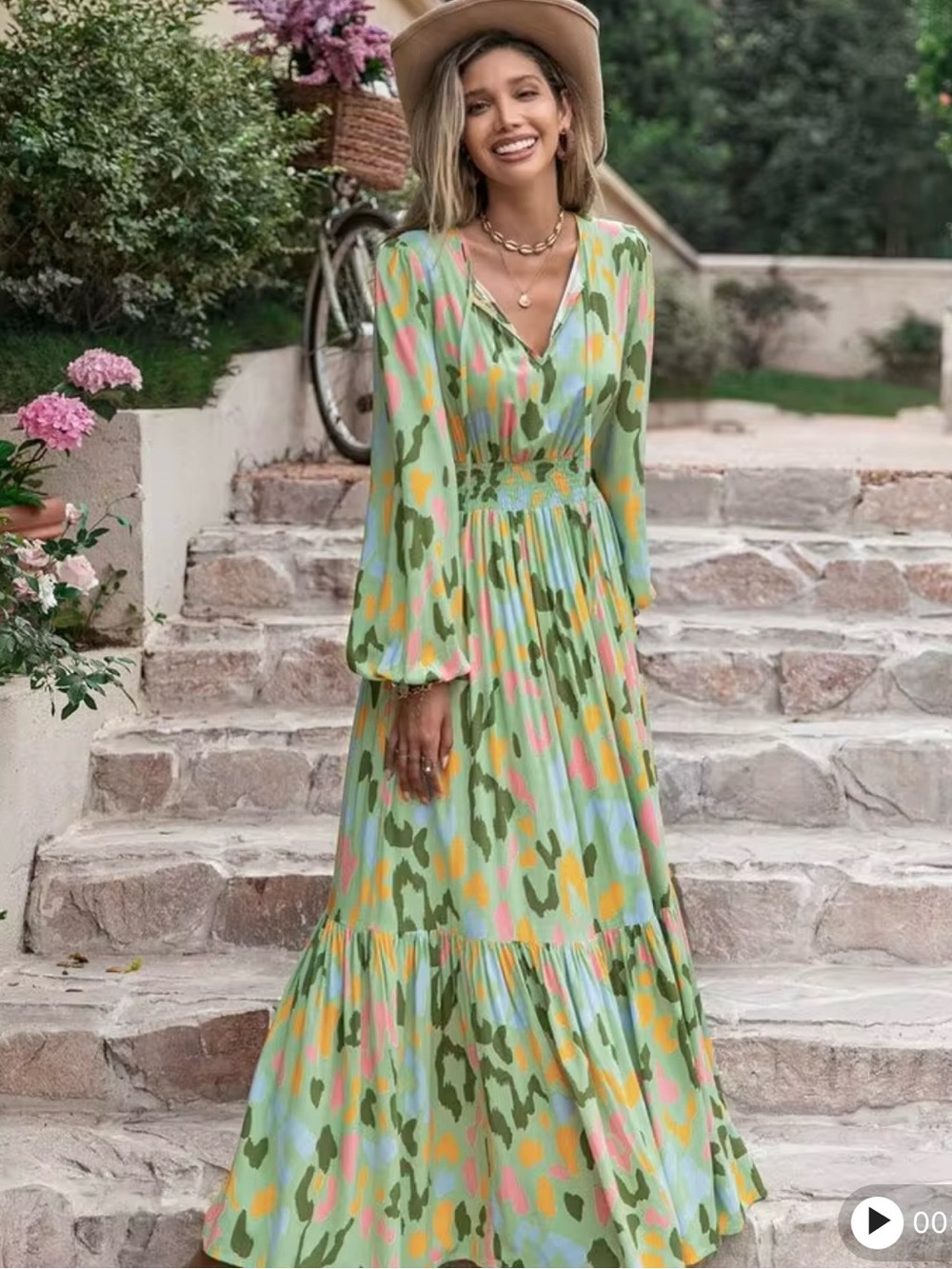 Rusttydustty Boho V-Neck Long Sleeve Maxi Dress XL - Green Multicolor